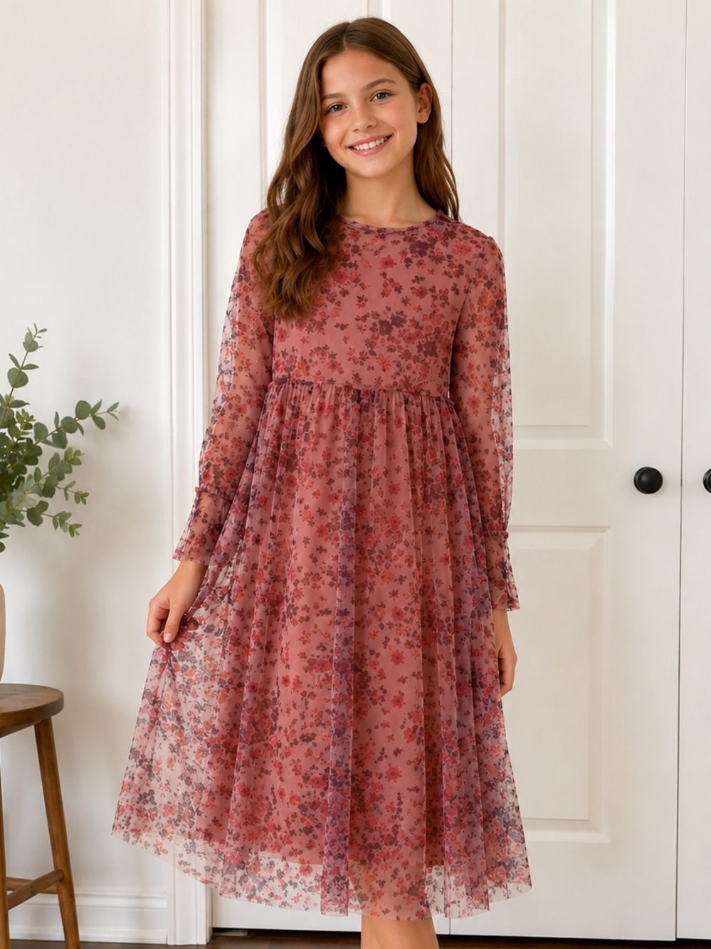 Great Used Condition Zara Girls Sheer Floral Midi Dress Dusty Rose, Size 11/12